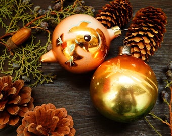 Christmas Ornament Balls Soviet Christmas Glass Ball Tree Decoration Gold Bauble Vintage Christmas Set Of 2 Balls Soviet Ornament Xmas ball