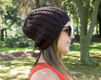 Brown Slouchy Knit Hat - Chocolate Brown Vegan Hat - Boho Hat - Hipster Hat - Hippie Hat - Womens Tam - Mens Beanie - Handknit Gift for Her