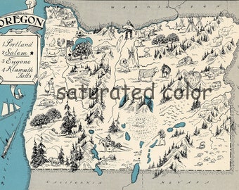 Oregon Map - Map Art - High Res DIGITAL IMAGE of a 1930s Vintage Picture Map - Turquoise Aqua - Charming & Fun