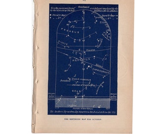 1891 OCTOBER celestial print original antique astronomy galaxy sky chart lithograph - southern map for october