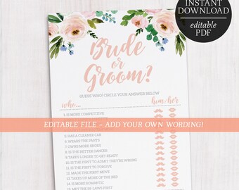 Bride or Groom Editable Game | He Said She Said Game | Bridal Shower Games | Kitchen Tea | Hens Party | Bachelorette | Floral | Guess Who
