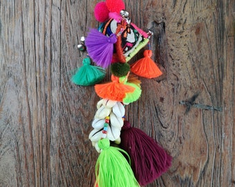 Up Cycled Textile Cowrie Shell Keyring /Bag Accessory With Brightly Coloured Tassels And Bells