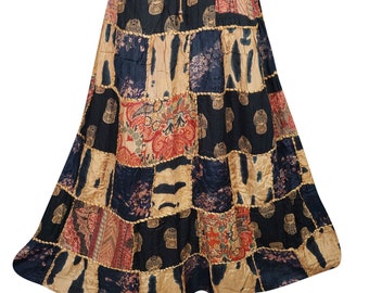 Hippie Printed Patchwork Long Skirt Flowy Vintage Ethnic Indian Summer Style Comfy Rayon Skirts