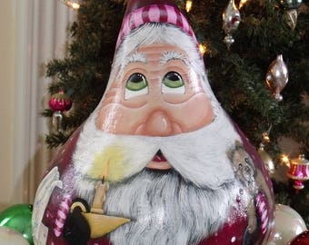 Hand Painted Original Design Whimsical Bedtime Santa Gourd - Folk Art - Primitive - Christmas Santa - Gourd - Gourds - Holiday Decor