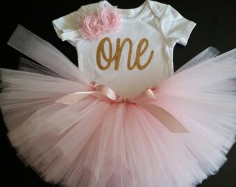 Someone is ONE! Soft Pink & Gold Onesie, Tutu and Headband Set!