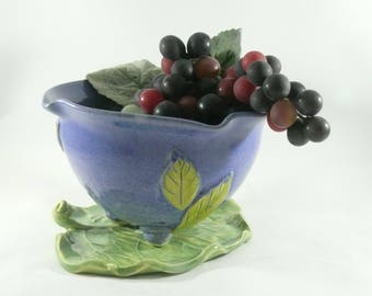 Ceramic Colander on Leaf Tray, Handmade Purple Berry Bowl on Dish, Pottery Fruit Bowl for Berries, Vegetables Strainer, Prep Bowl