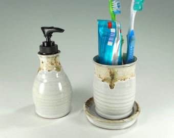 Pottery soap pump dispenser and toothbrush holder bathroom accessory set, ceramic soap pump, ceramic toothbrush holder, pottery lotion pump