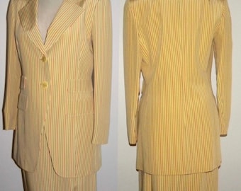 1980s David Hayes SILK Suit / Yellow Pinstripe Women's Blazer and Skirt Career Bright / Vintage size 8