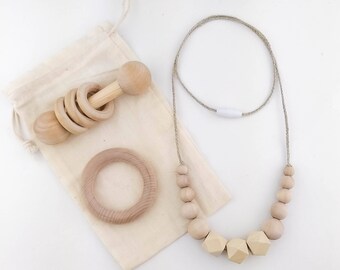 Teething Nursing Necklace Set | Wooden Beads Nursing Necklace | Wood Rattle | Wood Teething Ring | New Baby | Baby Shower Gift