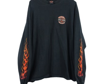 1990s Harley Davidson Motorcycle Vintage Black Flames Ventura California Longsleeve Tee T Shirt - XXL