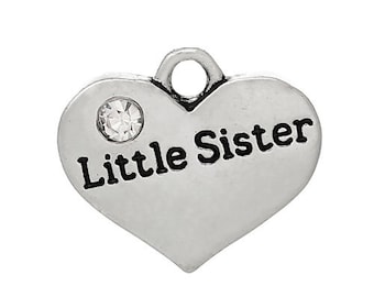 1 or 2 or 4 pcs. Antique Silver "Little Sister" charm with rhinestone - 17mm X 14 mm