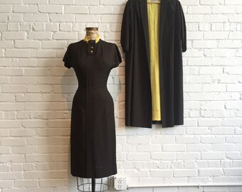 1950s Original Prestige Junior Set // 50s Brown and Yellow Polka Dot Dress with Coat // Vintage 1950s Dress and Jacket Set