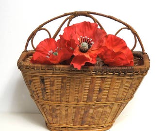 Wicker Wall Pocket w Filigree Handle/ Rustic Woven Basket for your Boho Houseplants, Etc