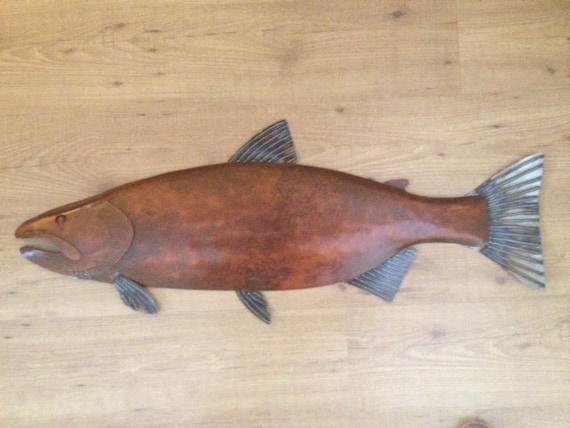 Salmon Fish Metal Wall Sculpture 36in Lodge Lake Cottage Cabin Art River