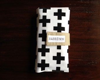 Diaper Clutch, Nappy Wallet, Black and White Swiss Cross, Scandinavian Style, Personalized, Monogram, Baby Shower Gift, Custom Baby Gift