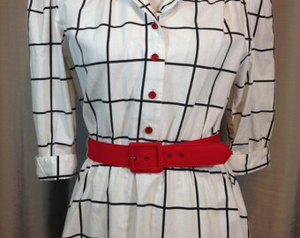 Black and White Shirtwaist Dress with Red Belt and Buttons by Stuart Allan Petites, Ladies Size 14 Made in USA Previously 32 Dollars ON SALE
