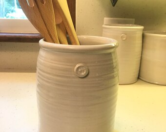 handmade utensil holder, white utensil holder, ceramic utensil holder, wedding gift, kitchen crock, storage jar, utensil caddy