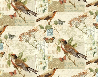 Bird Fabric:David Textiles Oak Avenue Scenic Birds & Butterfly Premium 100% Cotton Fabric by the yard (DA82)