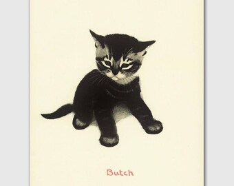 Cat Wall Art, Cat Print (Girl Nursery Wall Art, Vintage Childrens Book Art) --- "Butch"