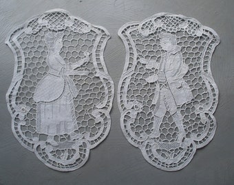 2 antique figural needle lace panels, handmade lace