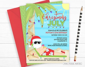 Beach Christmas Invitation, Beach Santa Invitation, Beach Christmas Invite, Santa Birthday Invitation, Christmas In July, Santa | 629
