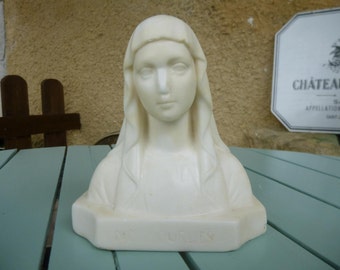 French Antique Bust Waxed Plaster Bust of the Virgin Mary Icon Statue Religious Figure ND de Lourdes