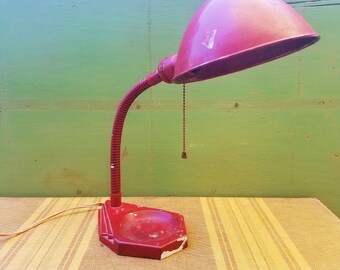 1940's Working Vintage Red Chippy Industrial Gooseneck Lamp