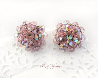 Vintage Pink Aurora Borealis Earrings, Pink Crystal Glass Bead Clip On Earrings