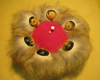 Rabbit Fur Alaskan Inuit Eskimo Blanket Toss Pin Cushion with Painted Faces