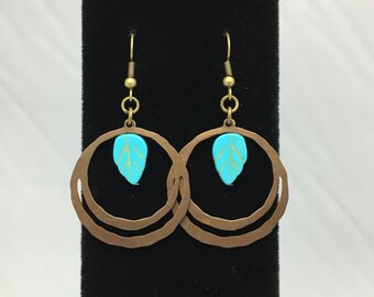 Circle Split Vintaj Natural Brass and Turquoise Magnesite Leaf Dangle Earrings