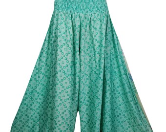 Green Vintage Silk Sari High Waist Split Maxi Skirt Floral Wide Leg Gypsy Boho Chic Printed Divided Long Skirts S/M