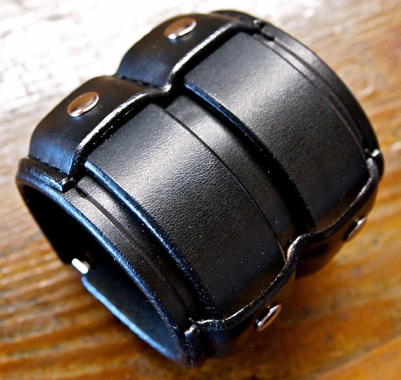 Leather cuff Bracelet Black wide Rocker Armband Custom made for YOU in USA by Freddie Matara