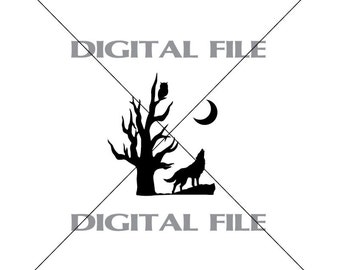 Wolf Howling Under Moon Vector Art Vinyl Decal T-shirt Digital Cutting Files ,Svg, Ai, Eps, Dxf