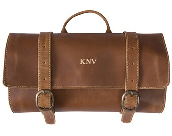Personalized Distressed Tan Leather Hanging Travel Toiletry Bag - Toiletry Bag - Husband Gifts - Gifts for Him - Groomsmen - GC1623