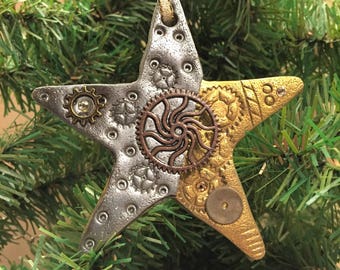 Steampunk Star Holiday Ornament - Industrial Christmas Tree Home Decor Polymer Clay Mixed Media style 4