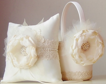 SALE 25% OFF - Ivory Flower Girl Basket, Vintage Wedding, Ring Bearer Pillow, Flower Girl Basket and Ring Bearer Pillow