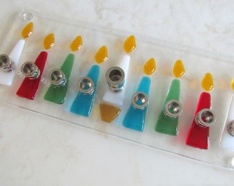 Hanukkah Menorah in Seasonal Holiday Colors, Fused Glass Menorah with Red, Green, Turquoise Blue and White Candles, Interfaith Menorah