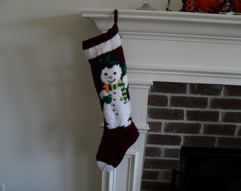 Hand Knit Christmas Stocking of Mr. Snowman. Last One Available for 2017