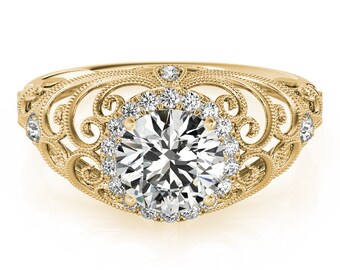 Diamond Engagement Ring, Natural Diamond, Victorian Style Ring, Vintage Style Diamond Ring, 1.20 Ct Diamond Ring, 14K Yellow Gold, Halo Ring