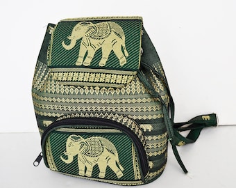 Elephant backpack, green backpack with golden screen elephants, made of cloth, elephant bag, cloth bag,