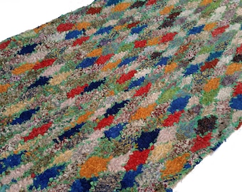114"X63" Vintage Moroccan rug woven by hand from scraps of fabric / boucherouite / boucherouette
