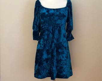 Vintage Betsey Johnson Crushed Blue Velvet Empire Waist Dress- Meduim