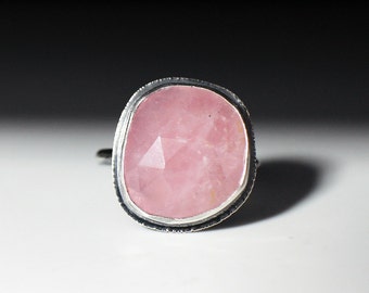 Statement Ring Rose Quartz Rose Cut in sterling silver wide band modern organic
