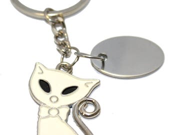 Engraved / personalised metal Siamese white cat keyring velvet gift pouch AA70