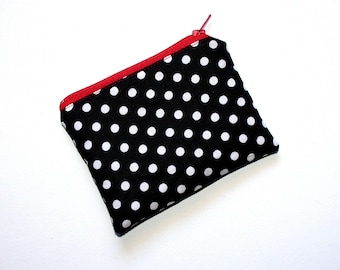 Small Zippered Pouch in Black and White Polka Dot Fabric