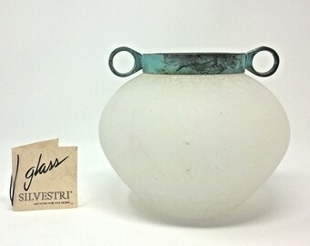Vintage Silvestri Mouth Blown Glass Art Mediterranean Vase Decor Green Cream 6.5" tall 7.5" wide