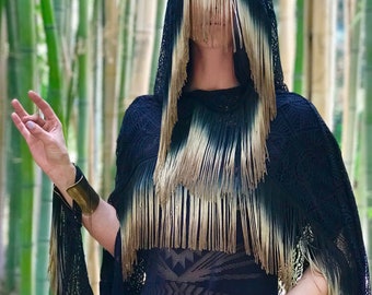 SPECIALTY: The "Fortune Teller" Hooded Black Lace Cape with Long Ombre Dyed Fringe Trim by Opal Moon Designs (One Size)