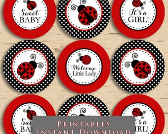Printable Ladybug Baby Shower Cupcake Toppers Tags Red and Black Polka Dot DIY Printable INSTANT DOWNLOAD LB01