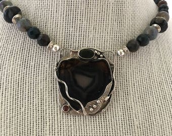 Black Agate Necklace, Agate Pendant, Artisan Necklace, Gift for her.
