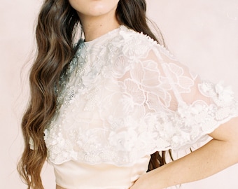 Ivory beaded lace wedding cape 'IRIS'-wedding cape-bridal separates-two piece wedding dress-Ivory 3d flowers bridal top